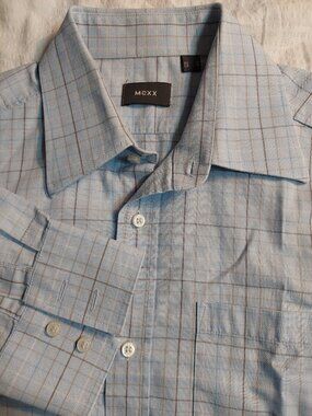 Mexx Men's Size M  Long-sleeve Plaid Dress Shirt Light Blue Base Cotton